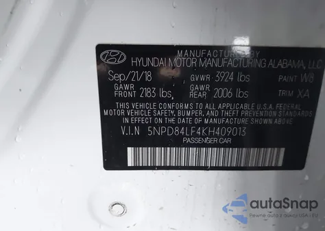 2019 Hyundai Elantra Sel z USA, uszkodzony, nr VIN 5NPD84LF4KH409013